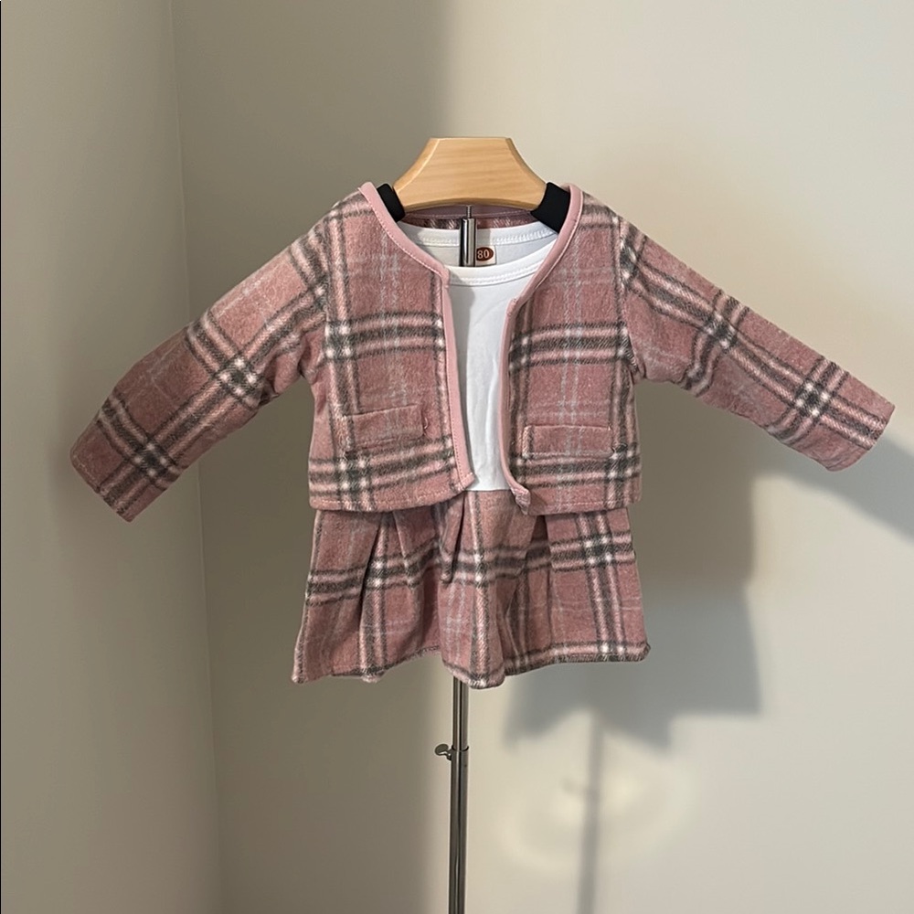 New Plaid Pink Kids Dress With Matching Jacket
